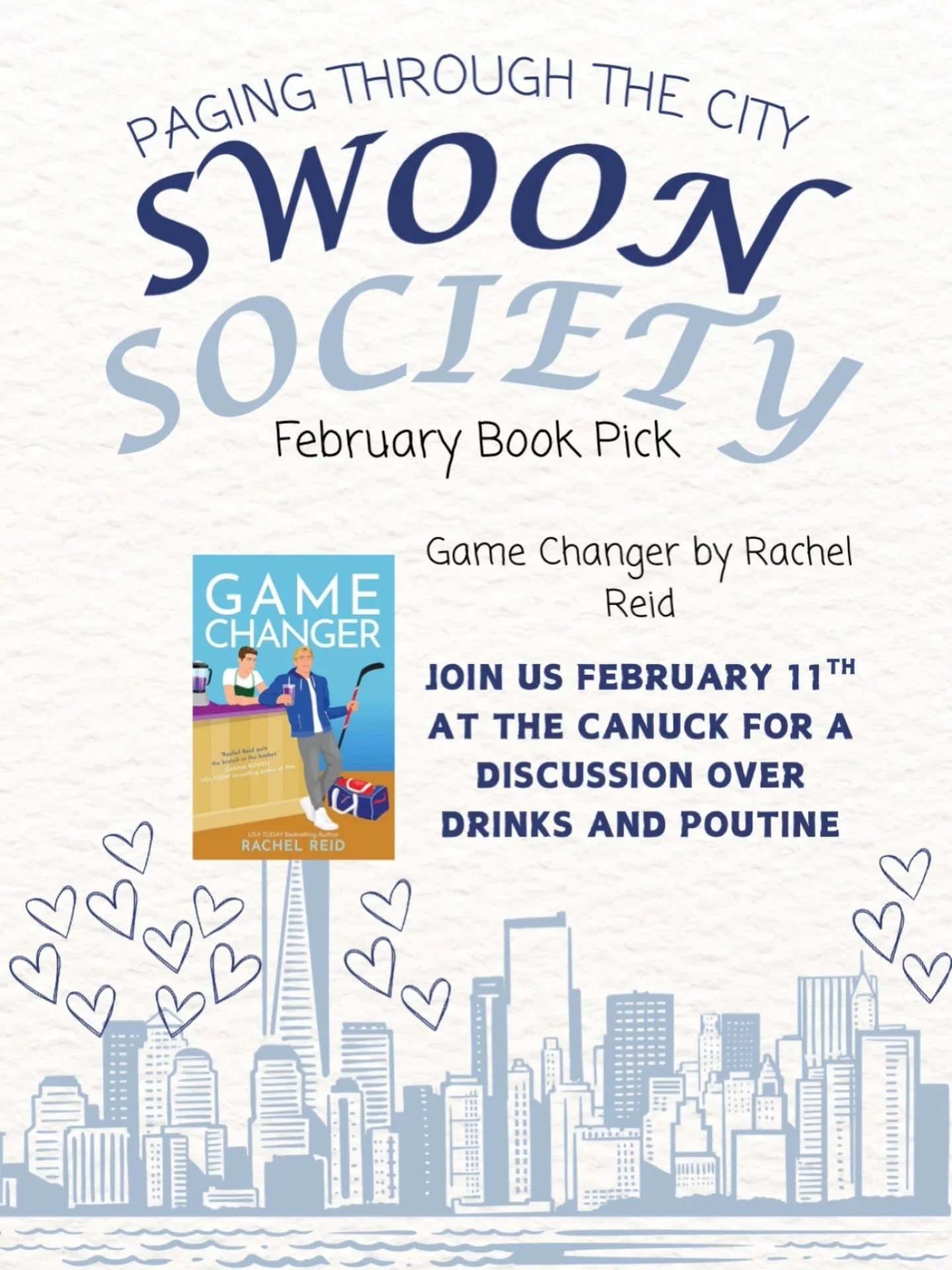 Our February book club is live 📚❤️🏒

Join us at NYC&rsquo;s premier Canadian hockey bar over drinks and poutine (included in the ticket!) as we discuss the books that kicks off the Heated Rivalry series. 

So excited to discuss Scott and Kip and th