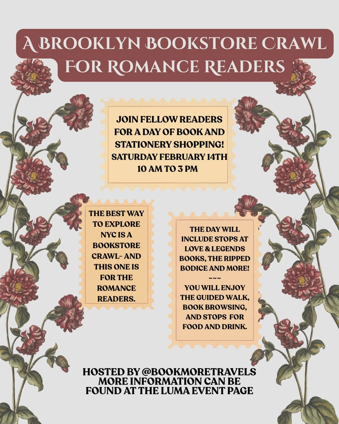 The bookstore crawl for romance lovers 💕

The perfect way to spend Valentine&rsquo;s day is shopping for books with fellow romance readers 🤩 This bookstore crawl is the most exciting one yet and will sell out- hope to see you there!

More details c