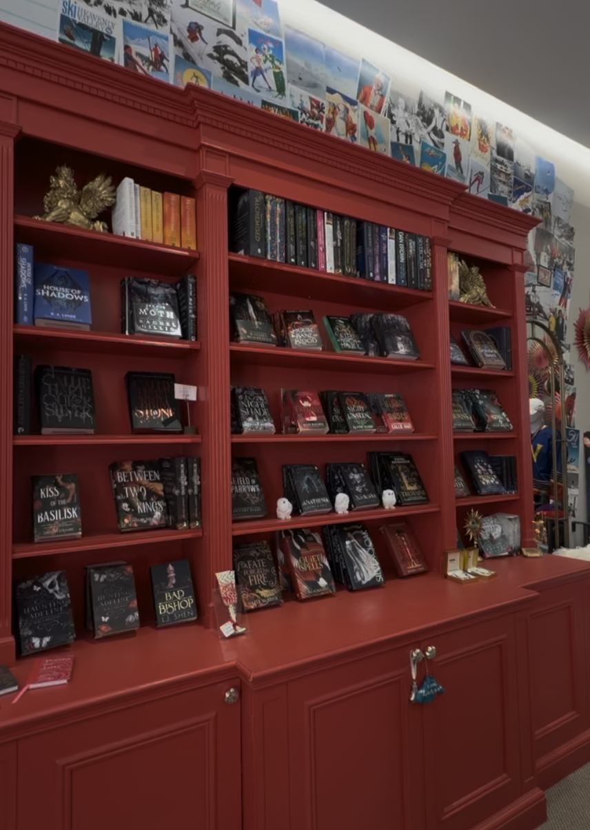 Gorg red bookshelves at Saucy Books