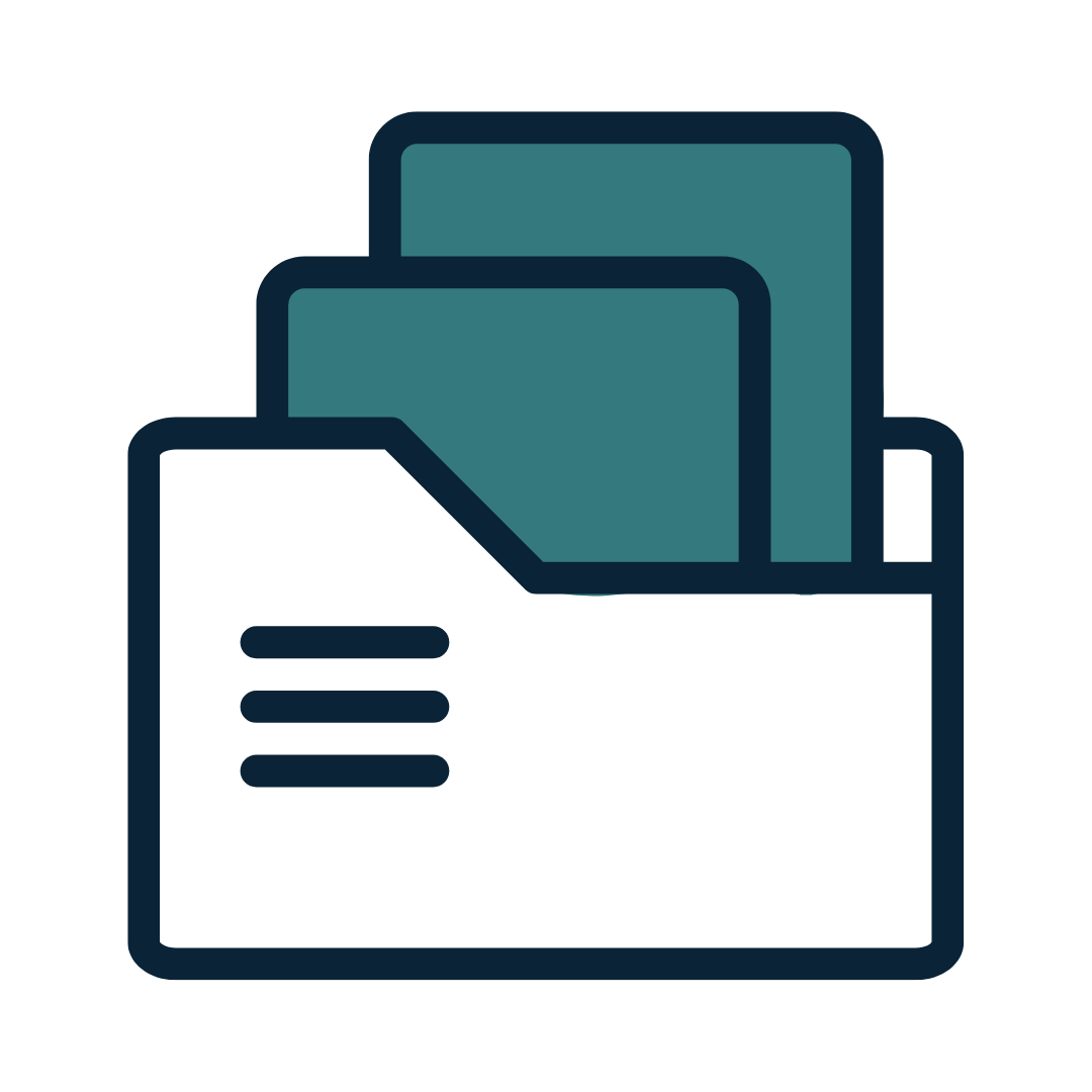 Icon of a white file folder with two green files sticking out.