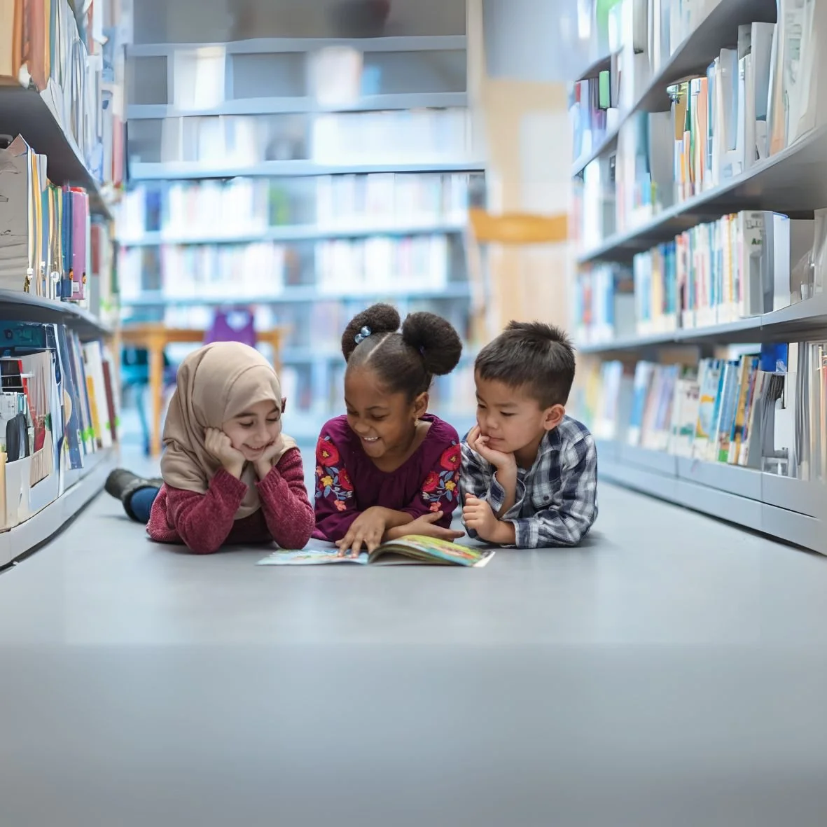 Three small children lay on the floor of a library looking at a book together.