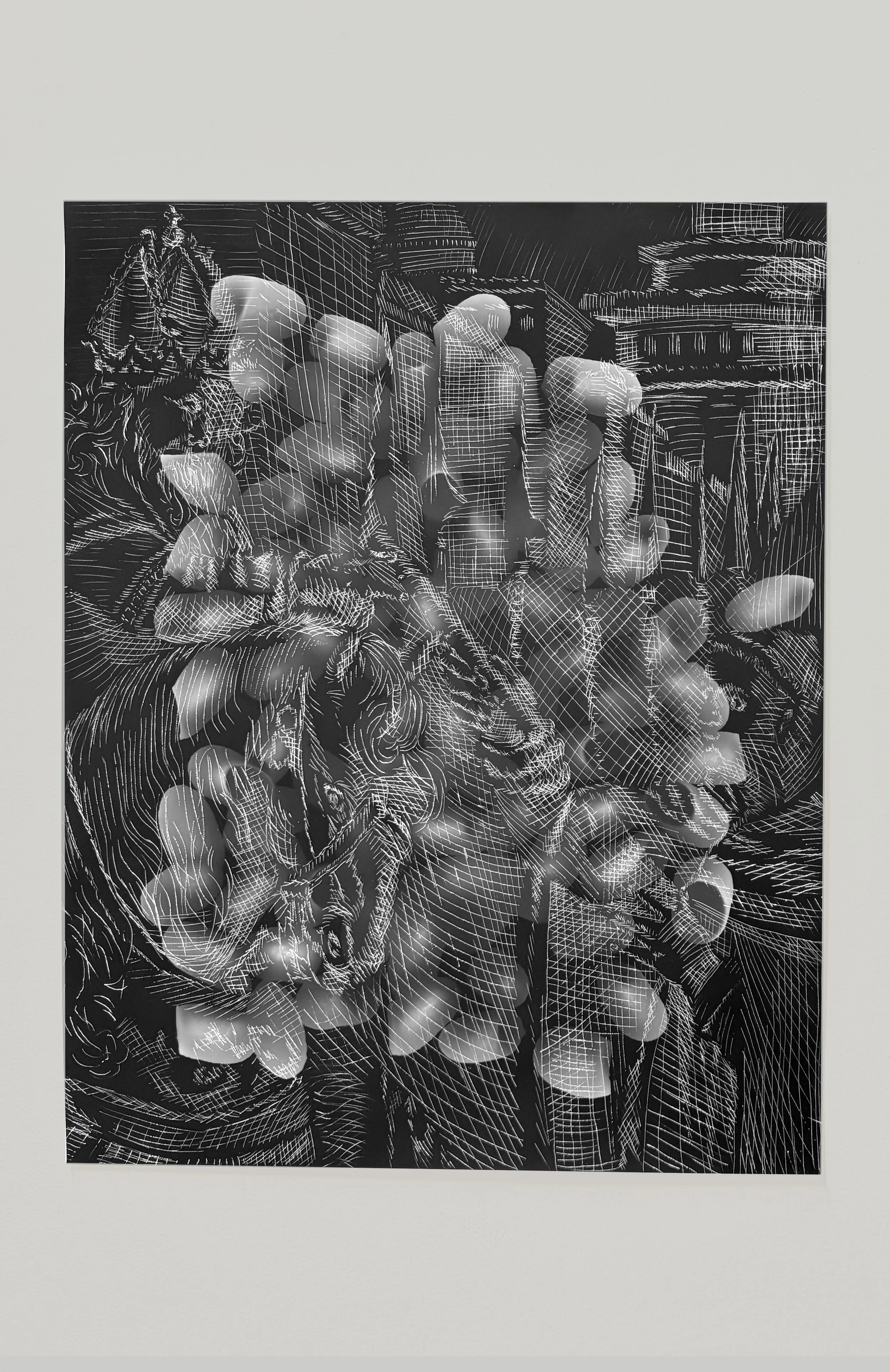 Inspection Device I -II, 2026
(24 x 30 cm each)
Photogram with engraving on paper