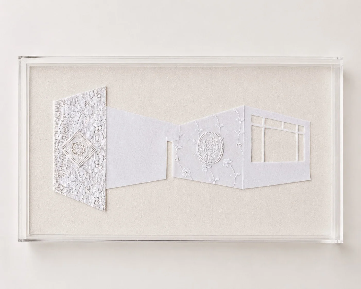 Showings 01, 2026
(70 x 30 x 6 cm) - 
Textile assemblage with vintage lace and cotton fabric, mounted in an acrylic display case