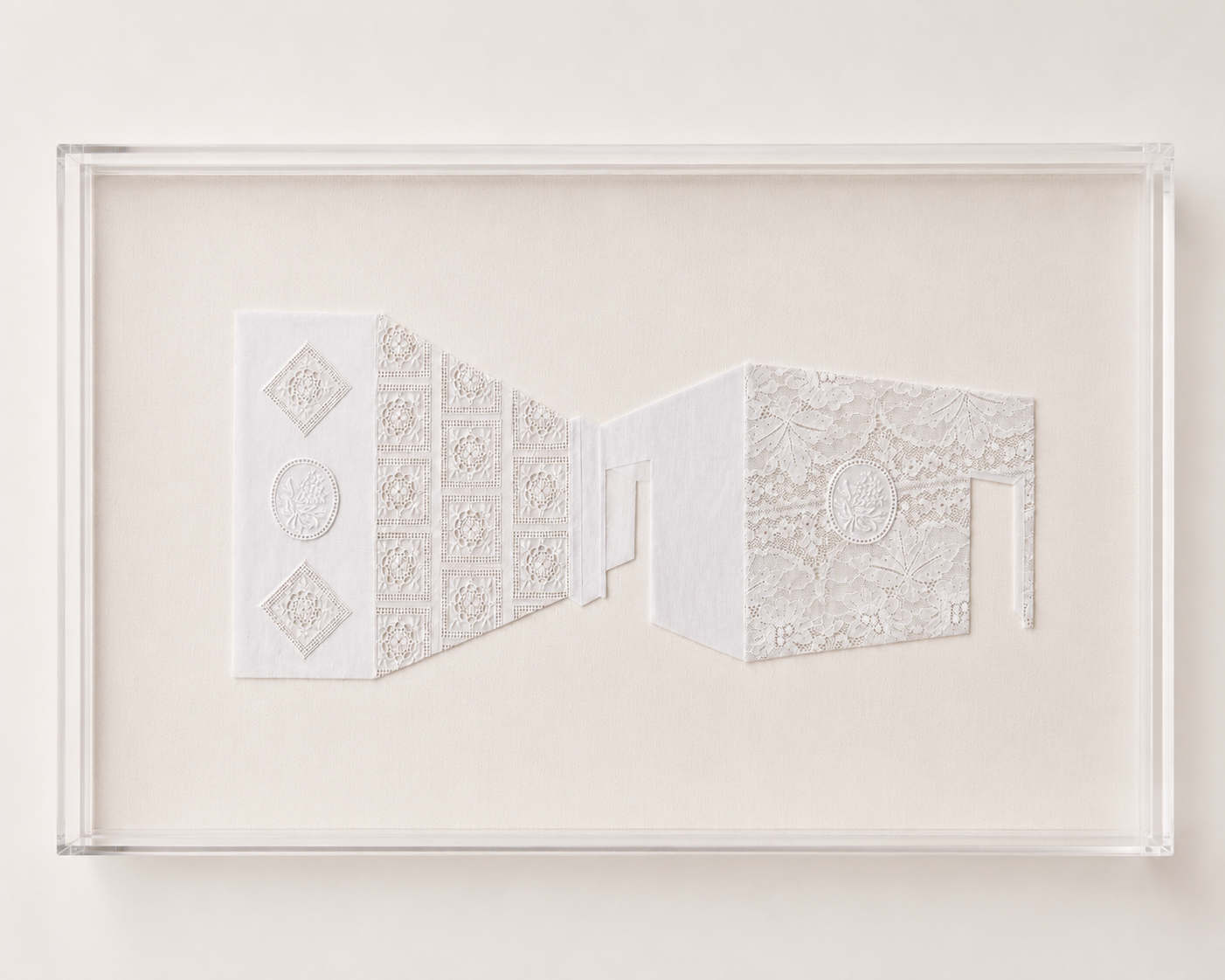 Showings 03 (70 x 30 x 6 cm) - 
Textile assemblage with vintage lace and cotton fabric, mounted in an acrylic display case