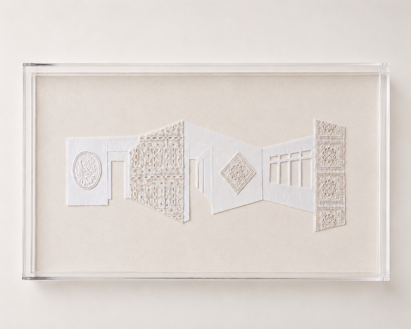 Showings 02 (70 x 30 x 6 cm) - 
Textile assemblage with vintage lace and cotton fabric, mounted in an acrylic display case