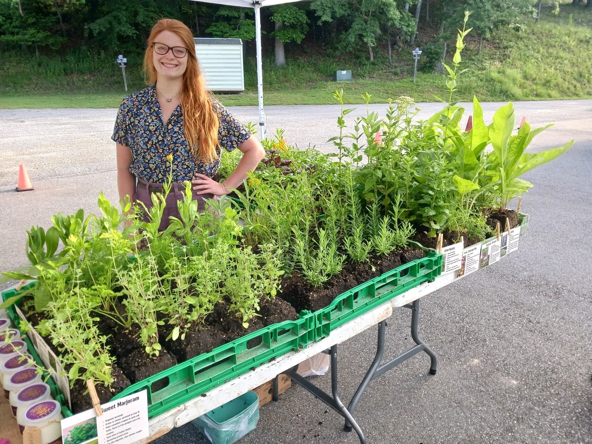 A woman with long red hair, glasses, and a floral shirt standing behind a table of potted plants at an outdoor market or fair, with trees and a street in the background.