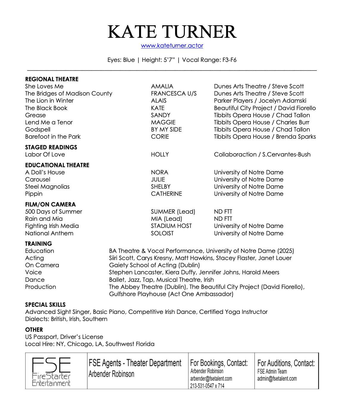 A resume or theater portfolio listing Kate Turner's acting, singing, and theatrical experience, including regional theater, staged readings, educational theatre, film, voice training, and other skills, with contact information at the bottom.