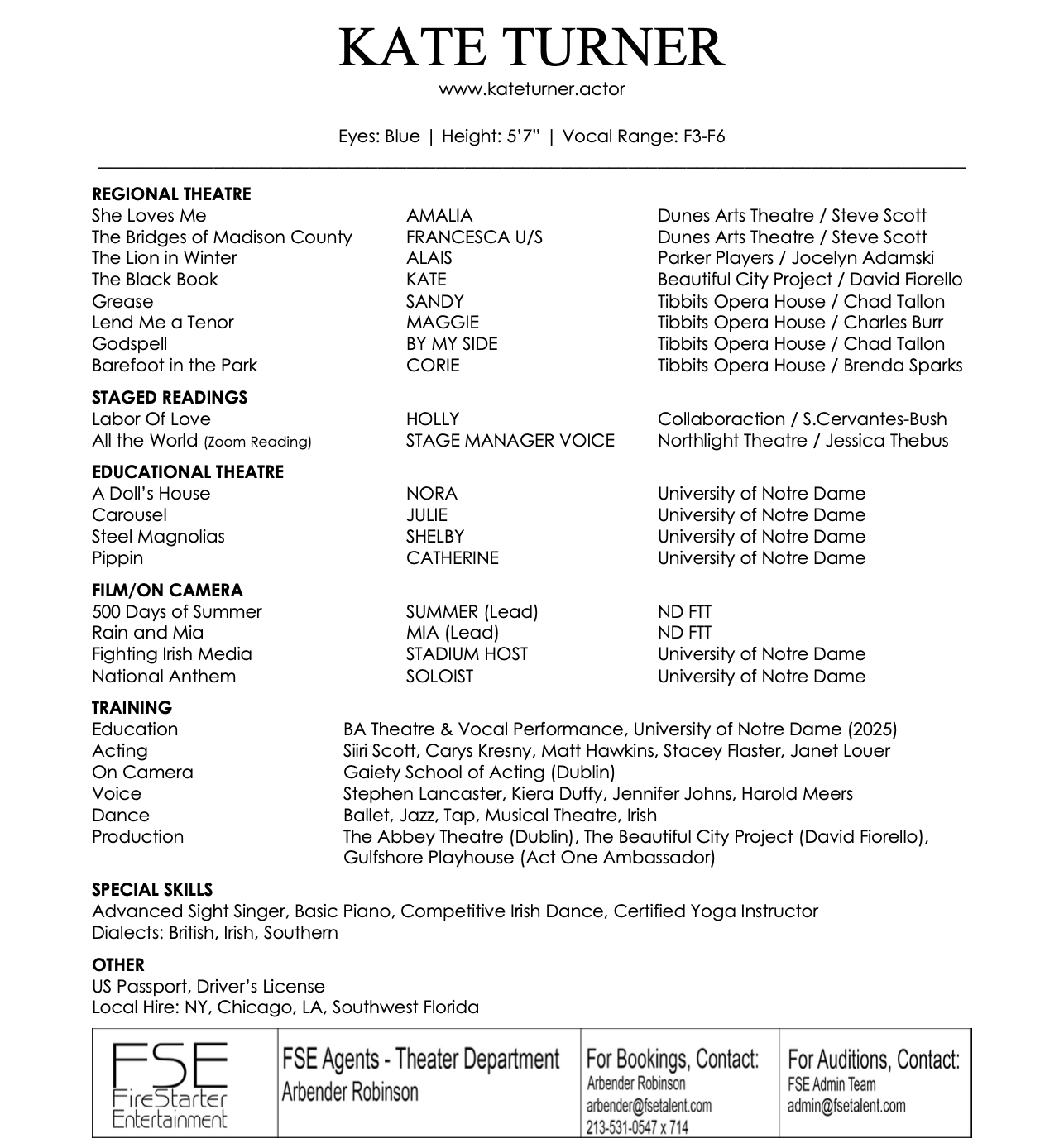 Acting resume for Kate Turner listing her skills, theater experience, education, and contact information.