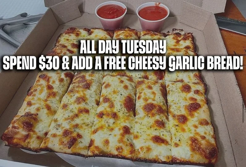 December Deals are growing‼️

Tuesday:
✅$10 Medium 6 Cut Cheese Pizza
✅Spend $30 and Add a Free Cheesy Garlic Bread

Cookies:
🍪 Christmas Tree Cake
🍪 Chocolate Chip Stuffed with PB Buttercream (NEW)
🍪 Snickerdoodle Stuffed with Vanilla Buttercream