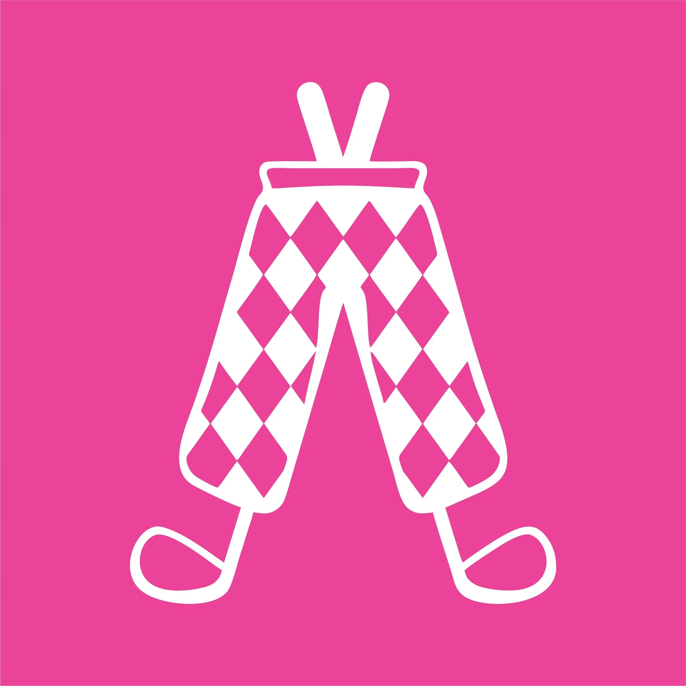 Icon of a pair of colorful socks with a diamond pattern on a pink background.