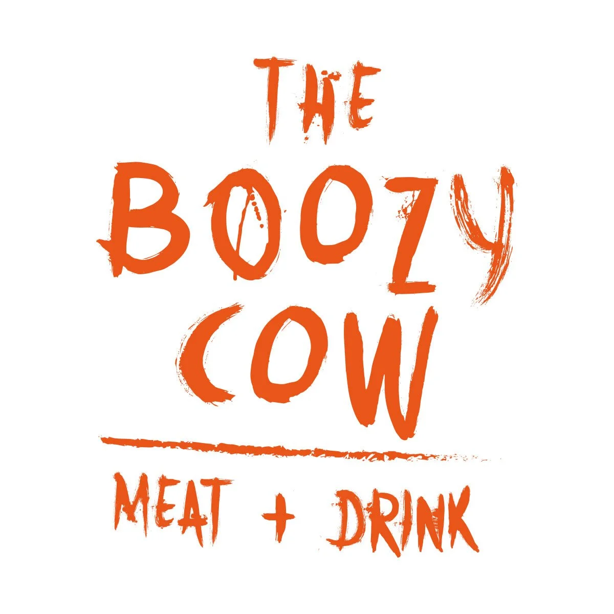Text logo reading 'The Boozy Cow' with 'Meat + Drink' underneath, all in an orange, distressed font on a white background.
