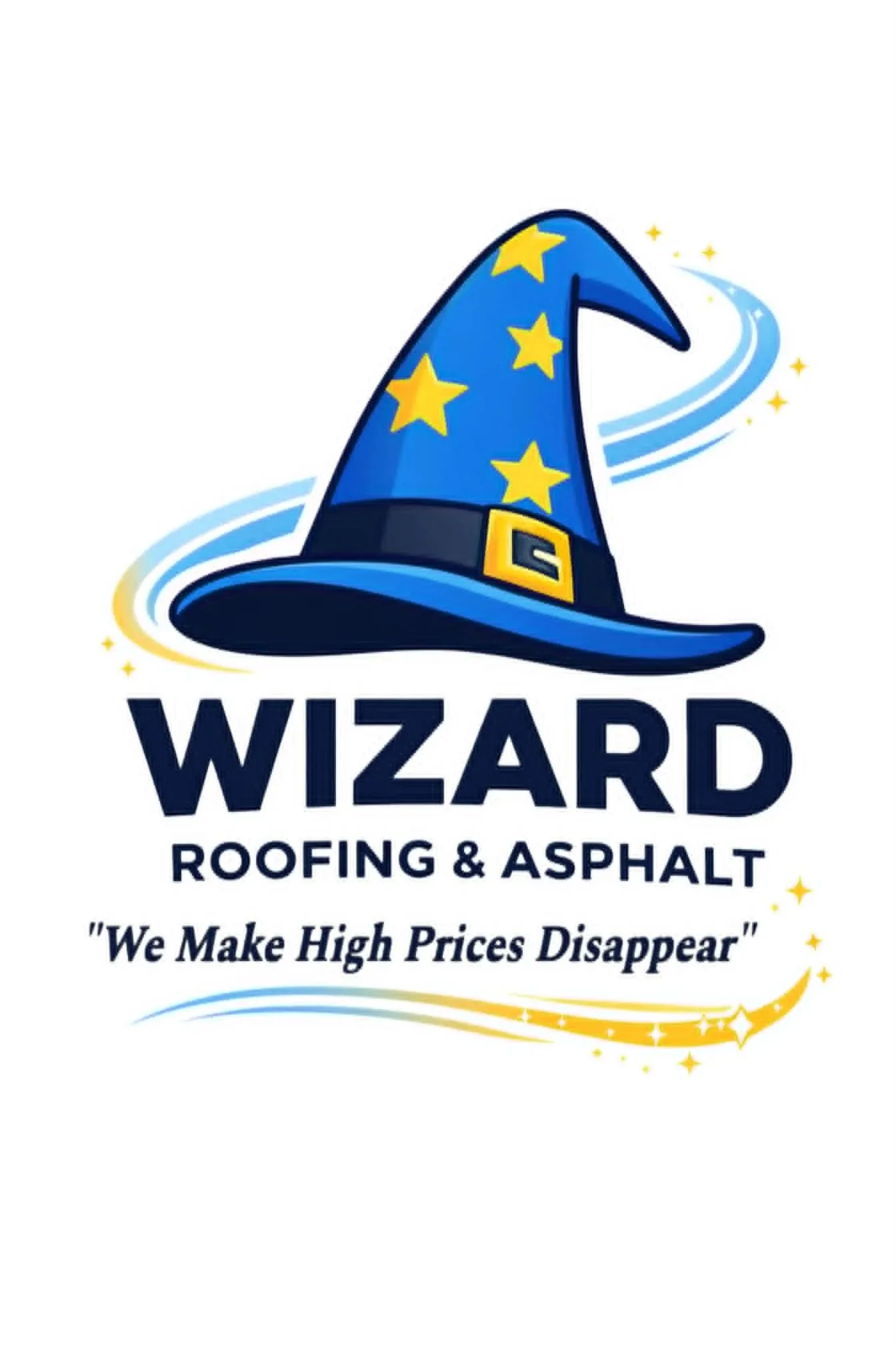 Company logo for WIZARD Roofing & Asphalt featuring a wizard's hat decorated with yellow stars and a tagline 'We Make High Prices Disappear'.
