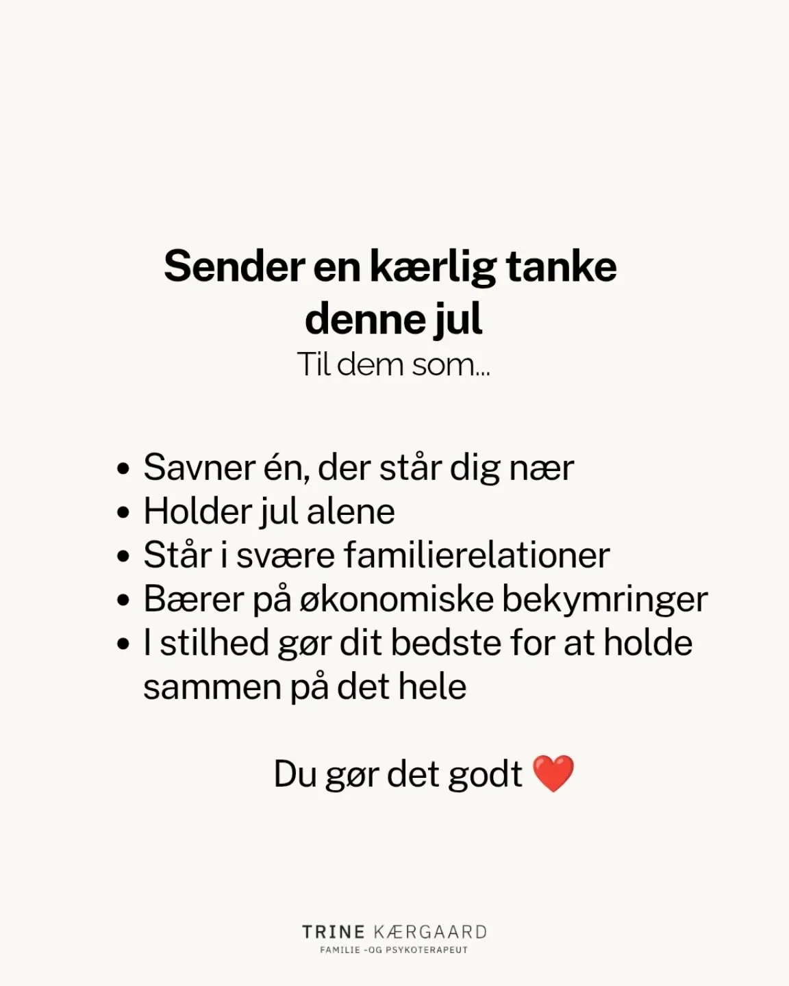 H&oslash;jtider kan for mange v&aelig;re s&aring;rbare.
Ikke fordi der er for lidt gl&aelig;de, men fordi det bliver tydeligt, hvad der mangler.
Det kan v&aelig;re mennesker, relationer, overskud eller tryghed.
Hvis julen g&oslash;r noget sv&aelig;rt