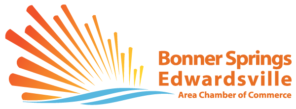 Graphic logo with stylized sun rays, blue wave, and text 'Bonner Springs Edwardsville Area Chamber of Commerce' in orange.