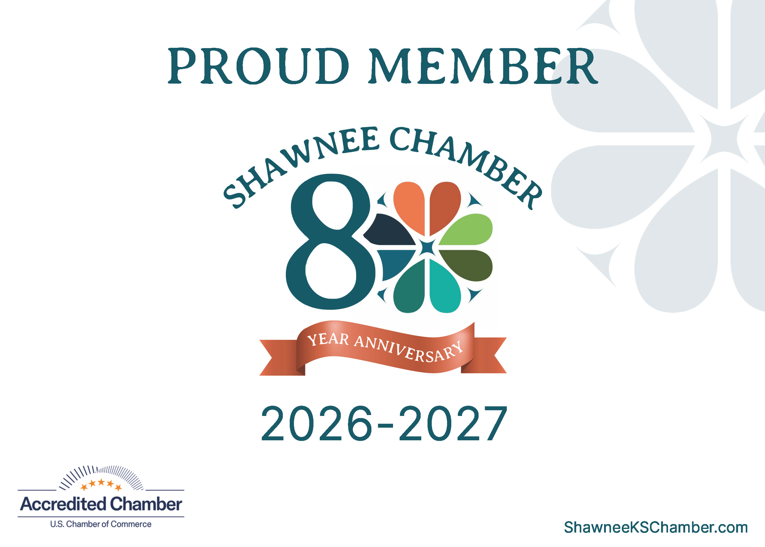 Shawnee Chamber 8th year anniversary logo for 2026-2027, featuring colorful flower design, with accreditation logo of U.S. Chamber of Commerce at bottom left, and website shawneeKSchamber.com at bottom right.