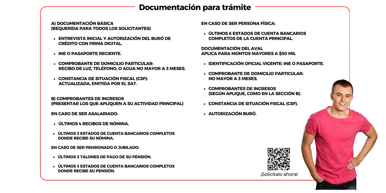 Documento con instrucciones para trámites, incluyendo requisitos de documentación básica, comprobantes de ingreso y respaldo, y otros datos necesarios. En la parte inferior derecha, hay un código QR y la frase '¡Solicítalo ahora!'. A la derecha del documento, hay una joven con camiseta rosa, sonrisa, manos en las caderas, en fondo blanco.
