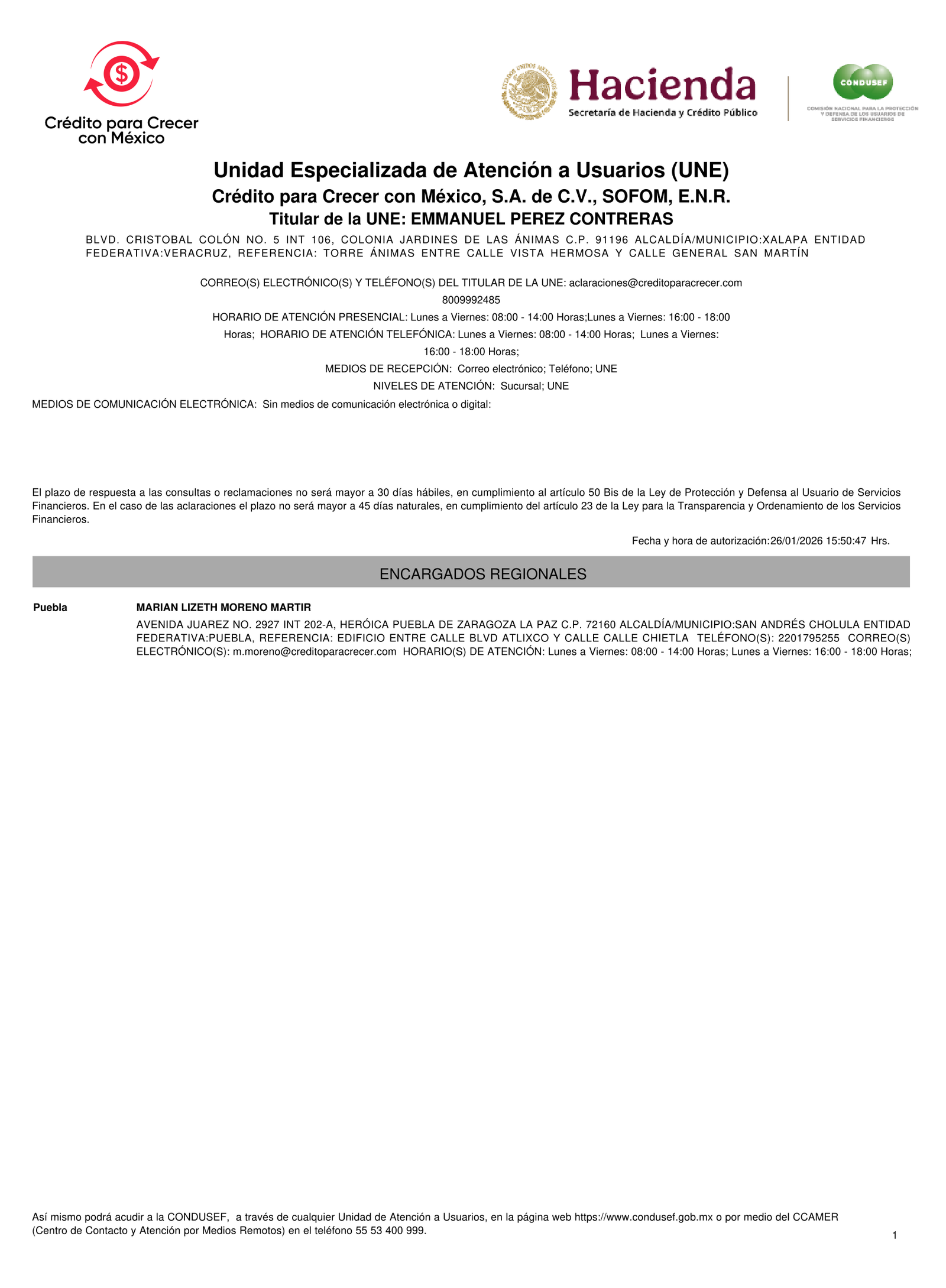 Documento oficial de la Secretaría de Hacienda y Crédito Público de México, con información de atención a usuarios de un crédito en la sucursal regional en Puebla, incluyendo datos de contacto y horarios.
