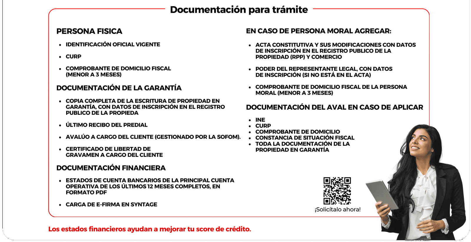 Lista de documentación necesaria para trámite, incluyendo identificación, comprobante de domicilio, y documentación financiera, con un recorte de una mujer sonriendo y sosteniendo una tableta digital.