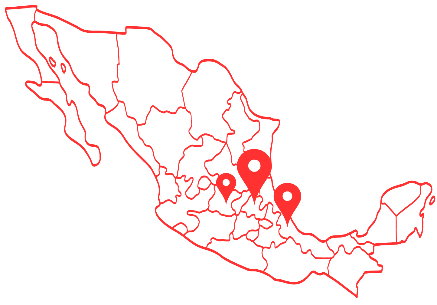 Mapa de México con tres marcas de ubicación en diferentes regiones del país, señalar áreas urbanas o turísticas.