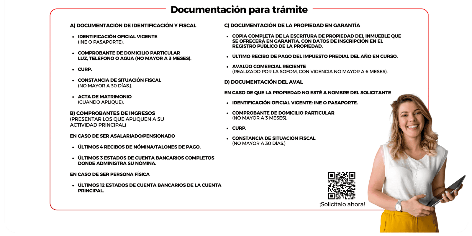 Información en un cartel sobre documentación para trámites, incluyendo identificación, comprobante de domicilio, constancia fiscal, y requisitos específicos para personas asalariadas, pensionadas, o físicas, con una mujer sonriente en la esquina derecha.