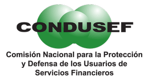Logotipo con tres corazones verdes y el texto 'CONDUSEF' y 'Comisión Nacional para la Protección y Defensa de los Usuarios de Servicios Financieros' en letra pequeña.