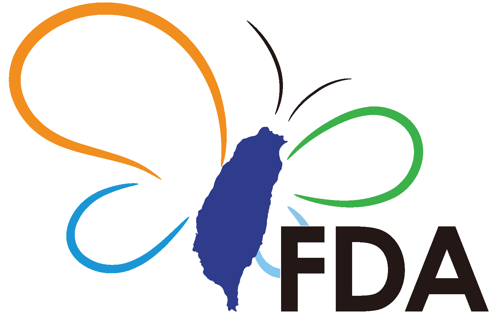 A colorful logo featuring a stylized butterfly with green, orange, blue, and black wings and a blue body, overlaid with the black text 'FDA'.