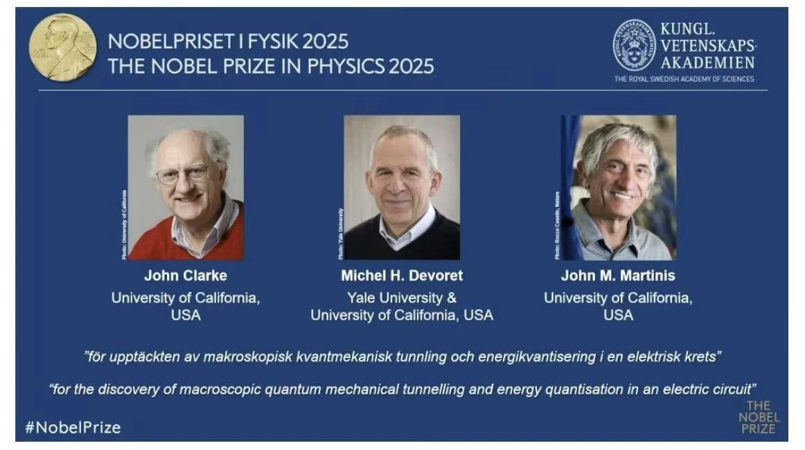 Poster announcing the 2025 Nobel Prize in Physics awarded to John Clarke, Michel H. Devoret, and John M. Martinis for their work on macroscopic quantum mechanical tunneling and energy quantization in an electric circuit, with images of the three scientists and logos of the Royal Swedish Academy of Sciences.