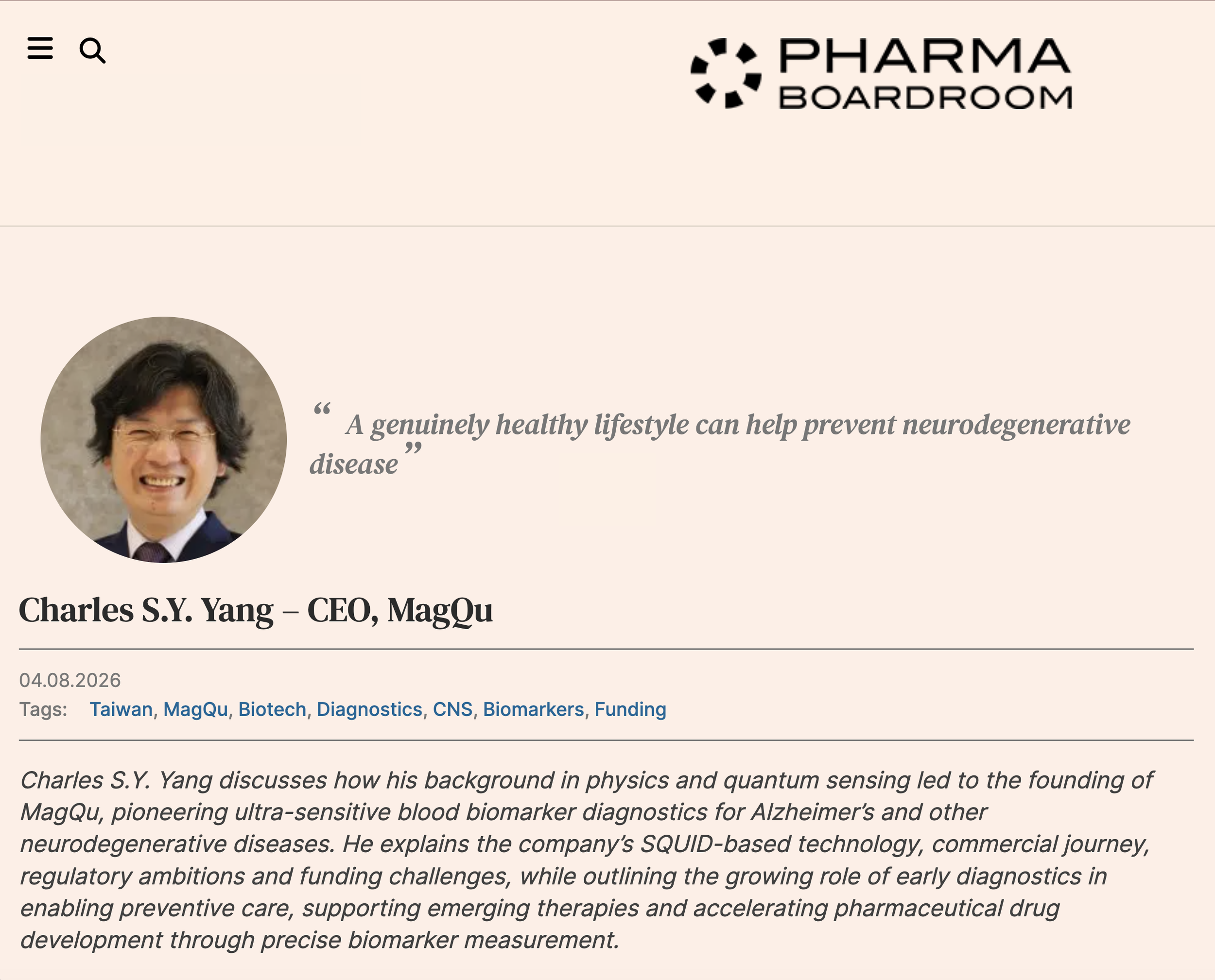 MagQu CEO Charles S.Y. Yang Featured in PharmaBoardroom