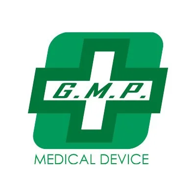 Logo of G.M.P Medical Device with a green medical cross and their name written across it.