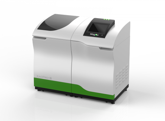 Laboratory device with a white body, black lid, and a green accent at the base, featuring a digital display screen on top.