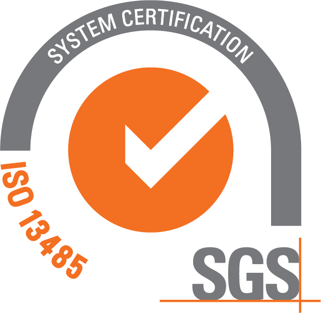 SGS certification seal with a checkmark in the center, featuring the text 'System Certification' at the top and 'ISO 13485' on the left side.