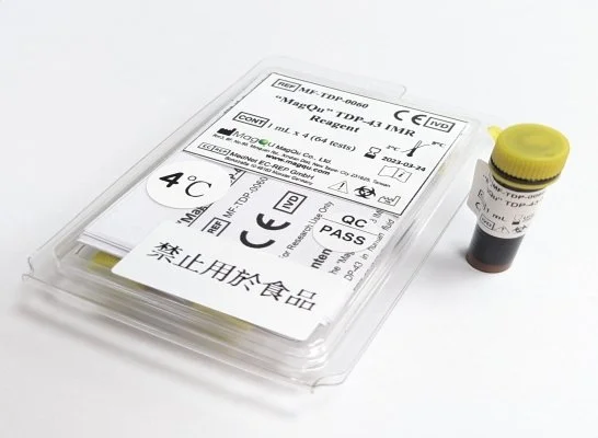 Medical sample tube and a container with labels and documentation for COVID-19 testing.