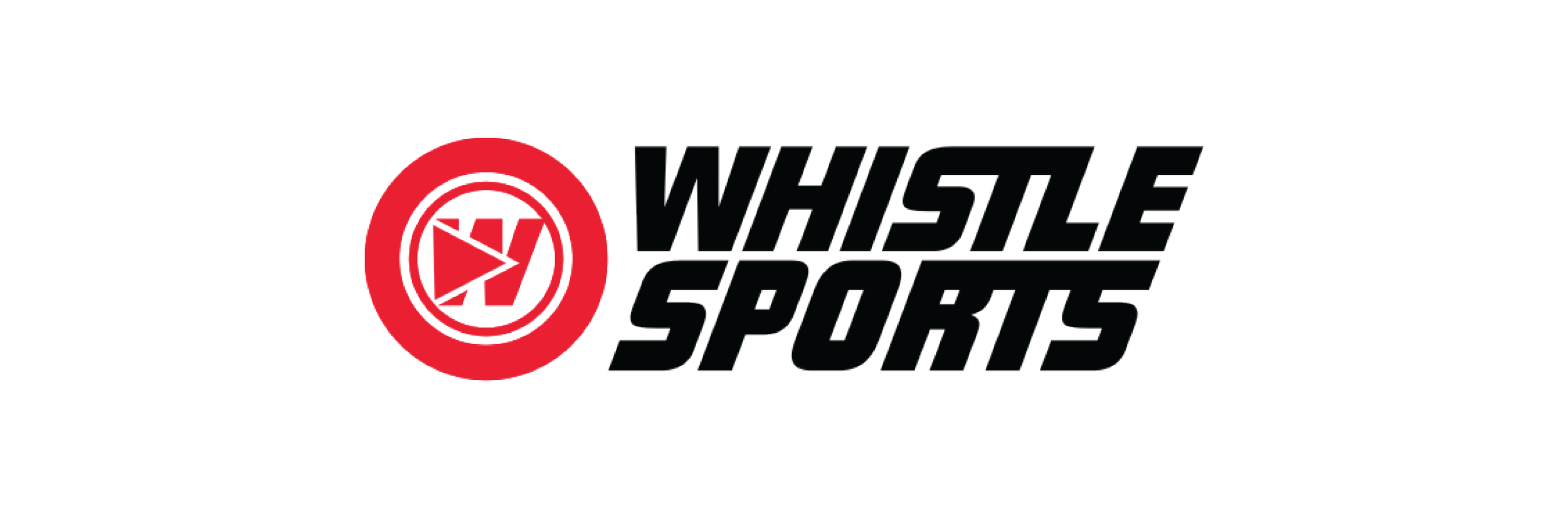 Logo of Whistle Sports featuring a red circle with a black play button and a fencing foil inside, accompanied by the text 'Whistle Sports' in black stylized font.