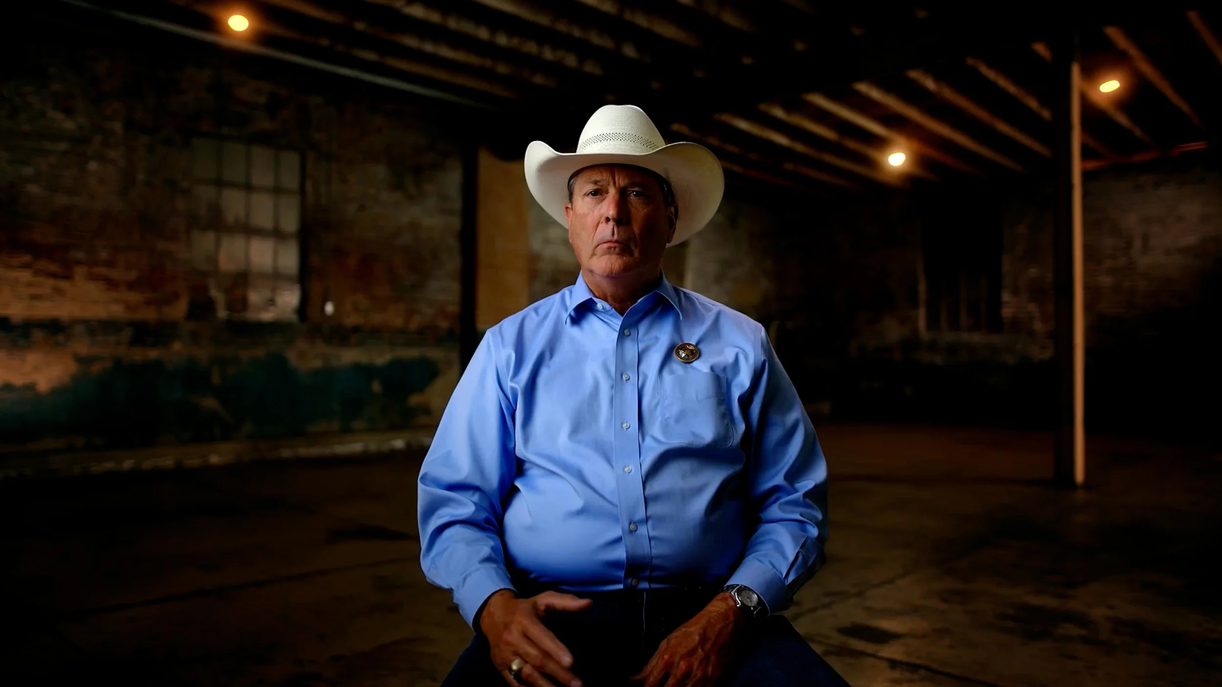 Man in cowboy hat and blue shirt sitting in a dimly lit room.