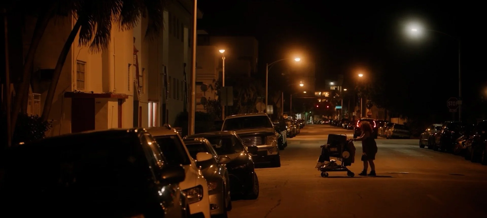Nighttime street scene with a person pushing a shopping cart, dimly lit by streetlights, lined with parked cars on both sides and buildings in the background.