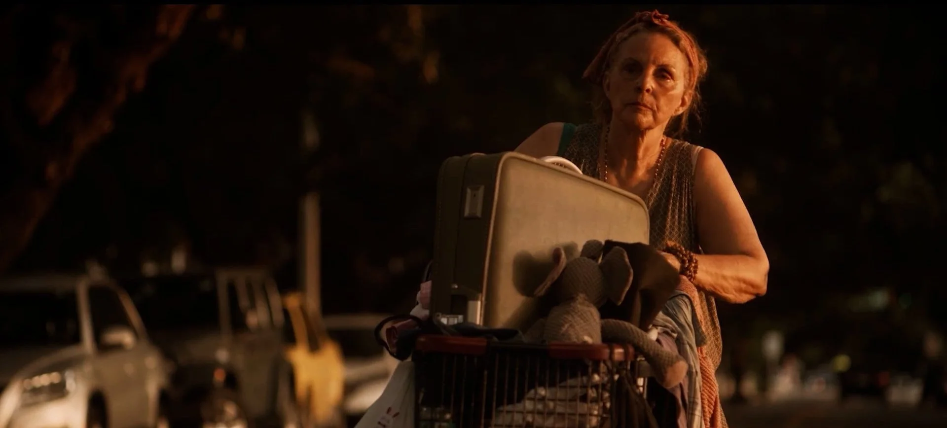 An elderly woman pushing a shopping cart filled with belongings, including a teddy bear and suitcase, under dim lighting.