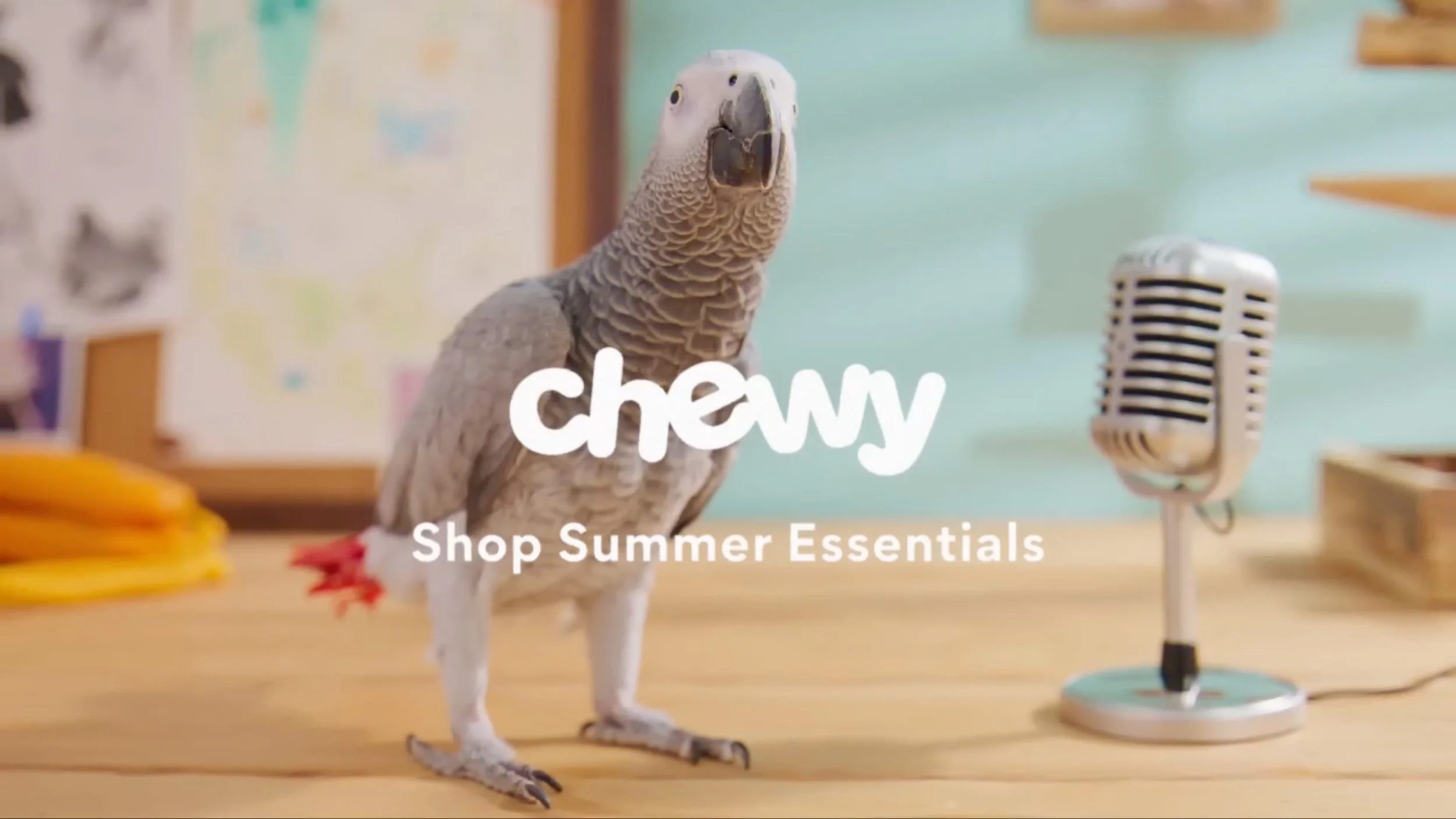 A parrot with a dragon costume standing on a wooden table next to a vintage microphone, with the text 'chewy Shop Summer Essentials' overlayed.