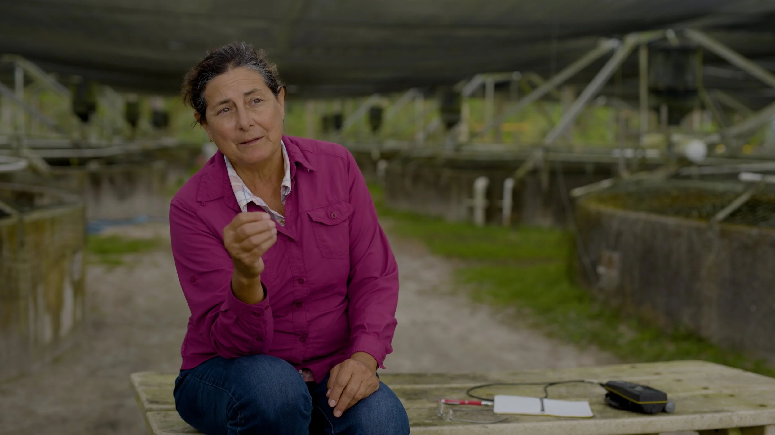 A person in a pink shirt sitting outdoors, gesturing with one hand, with aquaculture tanks in the background.