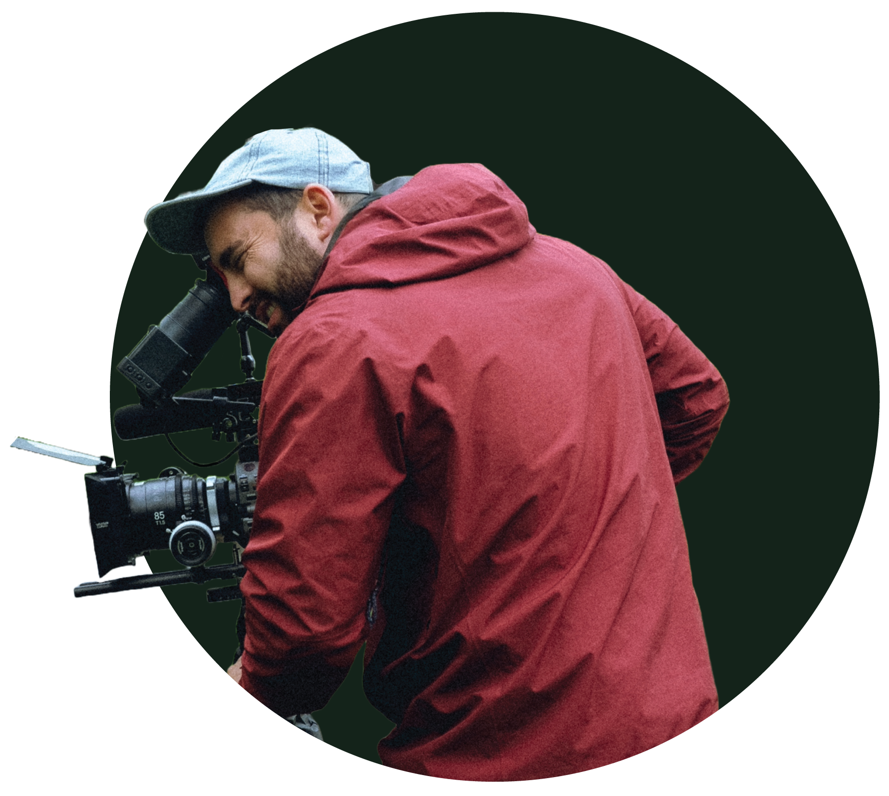 Daniel Simon Kaplan  a red jacket and a gray baseball cap looking through a professional video camera.