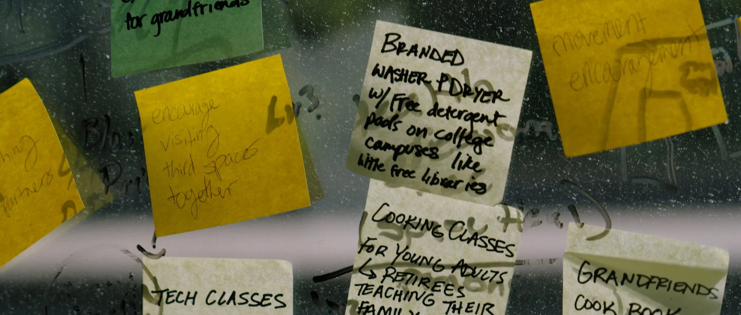 Notes on a fridge, including information about college services, cooking classes, and visiting third spaces.
