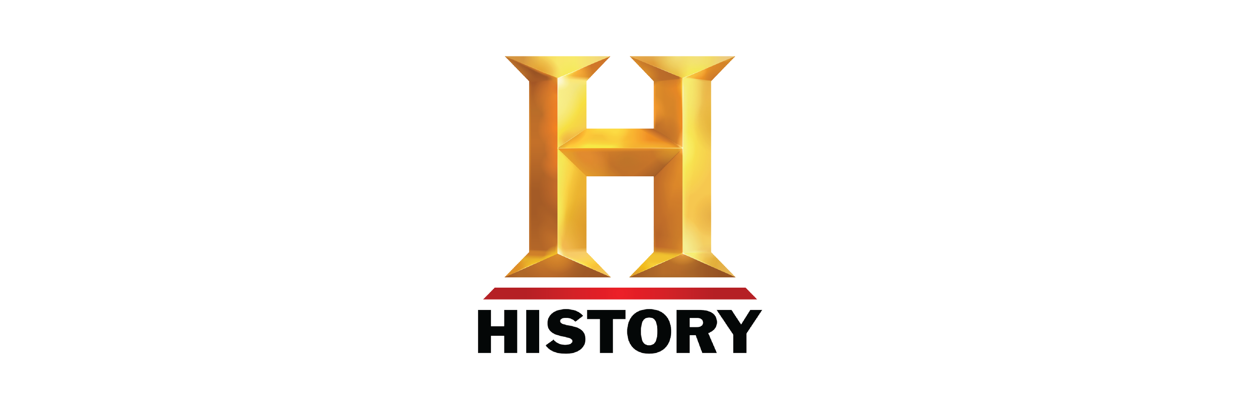 Logo of the History channel with a large, three-dimensional, golden letter H and the word 'HISTORY' underneath in black capital letters.