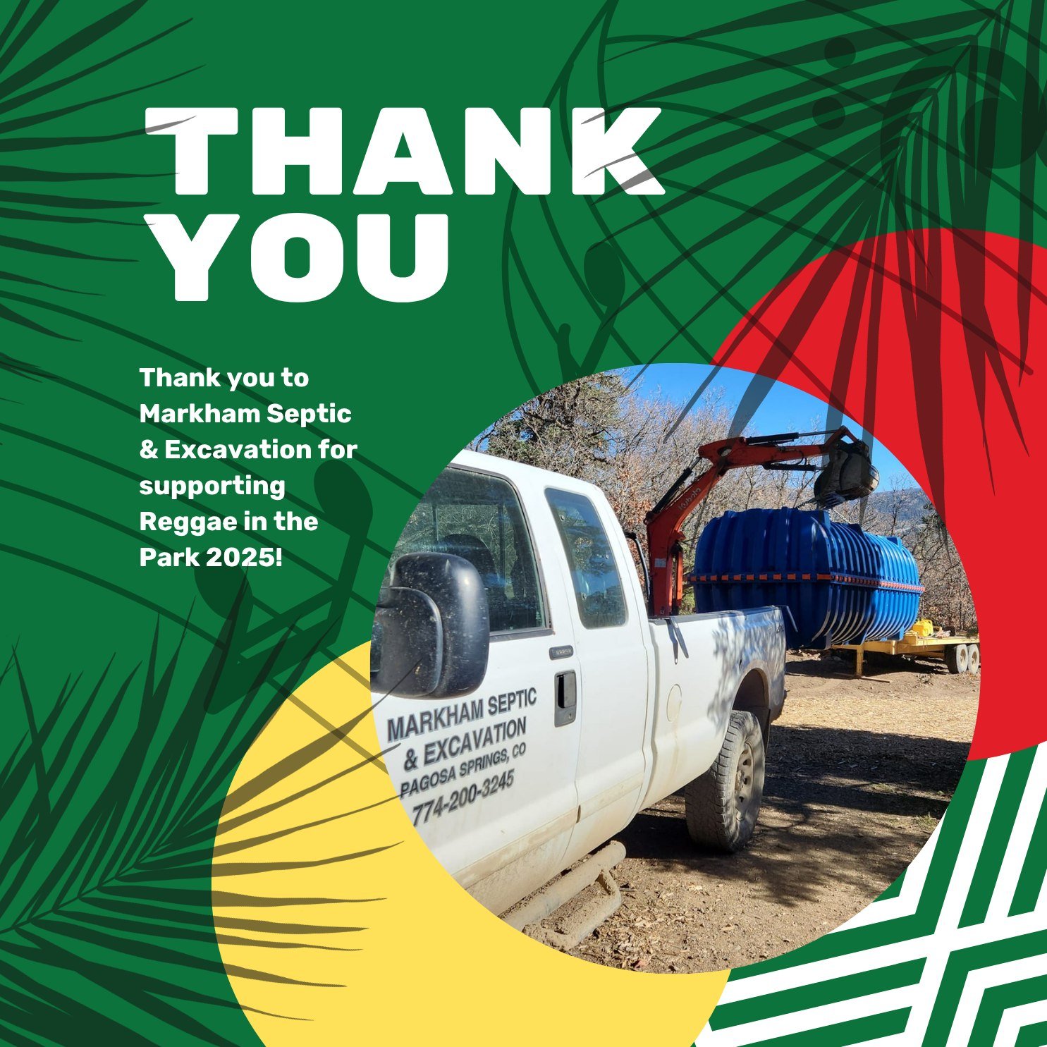 🚧 A big thank you to Markham Septic &amp; Excavation for sponsoring Reggae in the Park as part of the 2025 Pagosa Springs Summer Concert Series!

Locally owned and operated, Markham Septic &amp; Excavation is your go-to for all your septic and excav