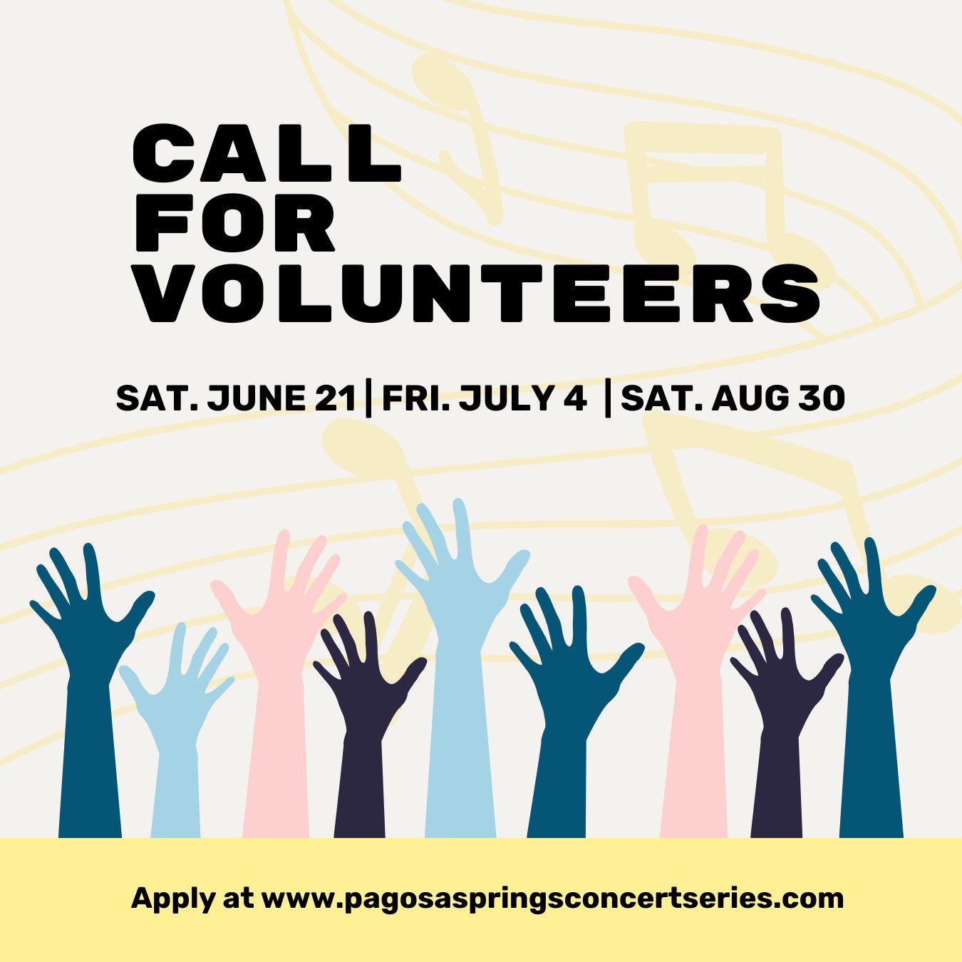 🎶 Want to attend the Pagosa Springs Summer Concert Series for FREE?

Sign up to volunteer and be part of the crew that makes the music happen! We&rsquo;re looking for helping hands for setup, event support, and break-down at all four concerts.

Volu