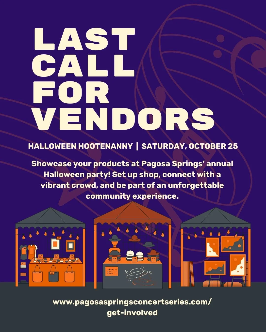 🛍️🎃 Vendors, this is your moment!
Join the Halloween Hootenanny on Saturday, Oct 25 for an unforgettable day of live music, community, and fall fun! 🍂👻

Set up your booth, share your creations, and be part of Pagosa&rsquo;s favorite Halloween par