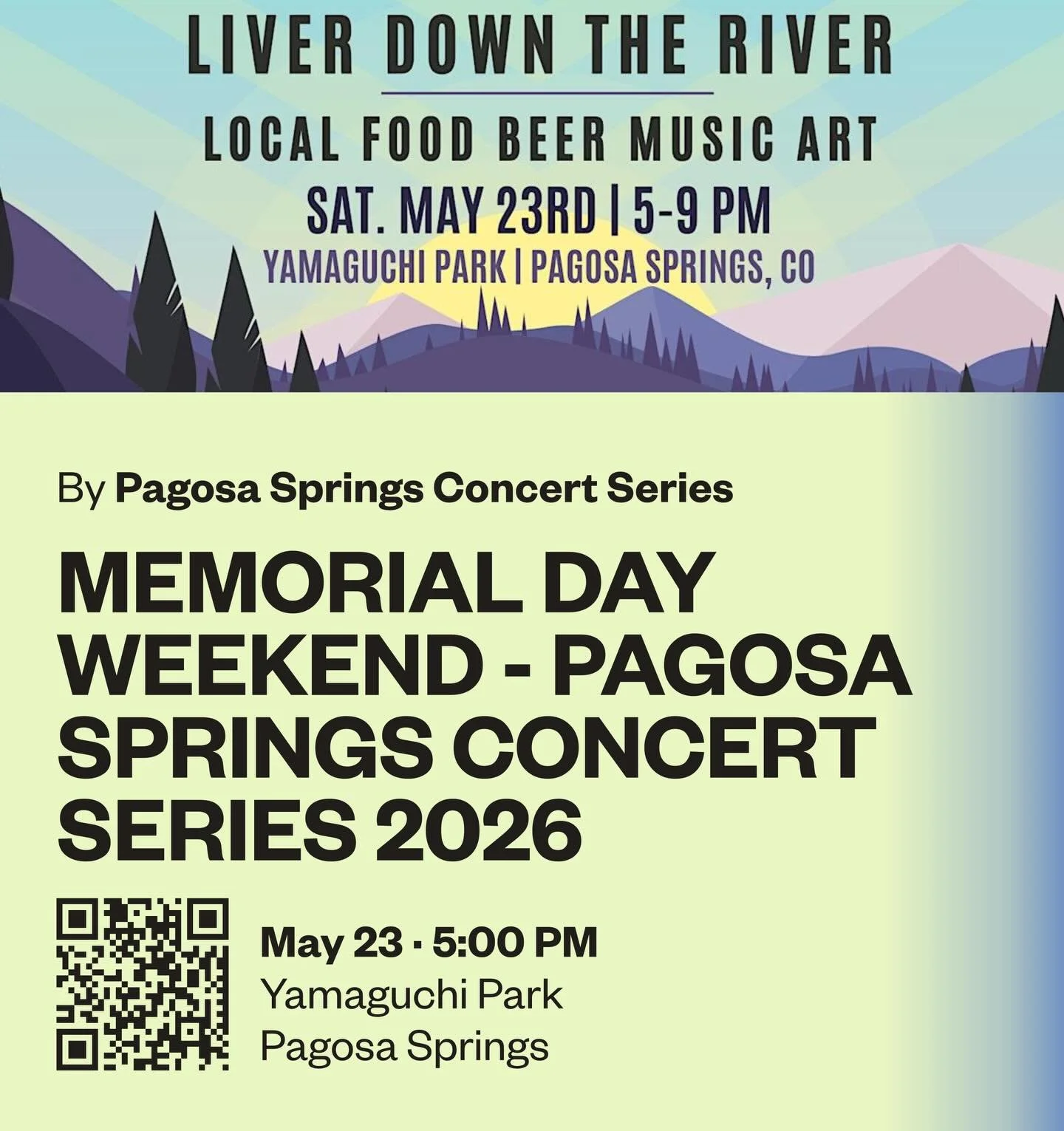 SAT MAY 23rd @pagosa.concert.series 
5-9pm FOOD MUSIC ART VENDORS DRINKS
Feat. music by @liverdowntheriver 
Yamaguchi Park, Pagosa Springs CO

$10 presale / $15 day of show
Rain or Shine

*under 18 FREE
*must be 21+ w/ valid ID to purchase alcohol
*N
