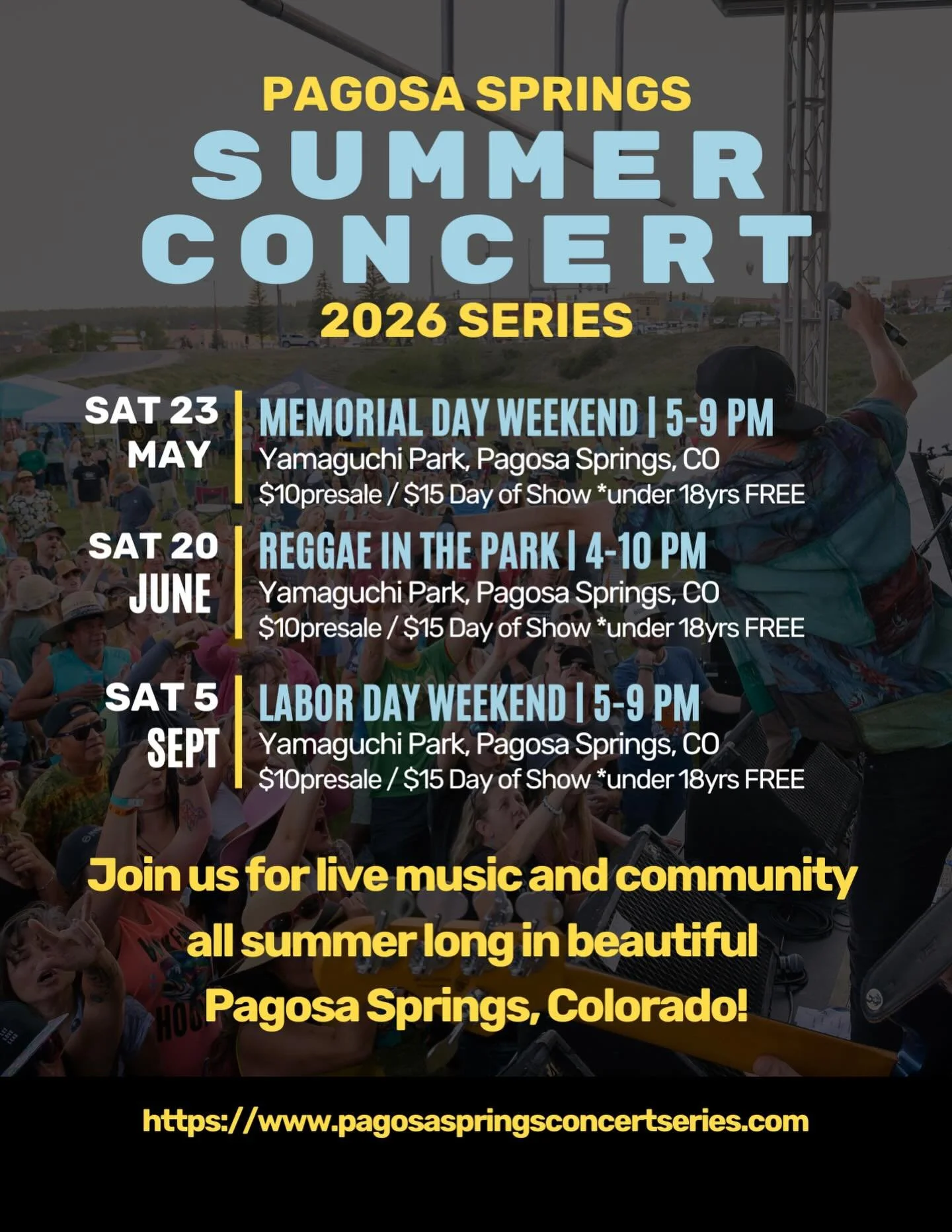 We can&rsquo;t wait for another amazing summer!!!
2026 Pagosa Springs Summer Concert Series
Links in bio ⬆️ 
LOCAL FOOD MUSIC ART VENDORS DRINKS 🏔️ 

SAT MAY 23rd - Memorial Day Weekend
SAT JUNE 20th - Reggae in the Park
SAT SEPT 5th - Labor Day Wee