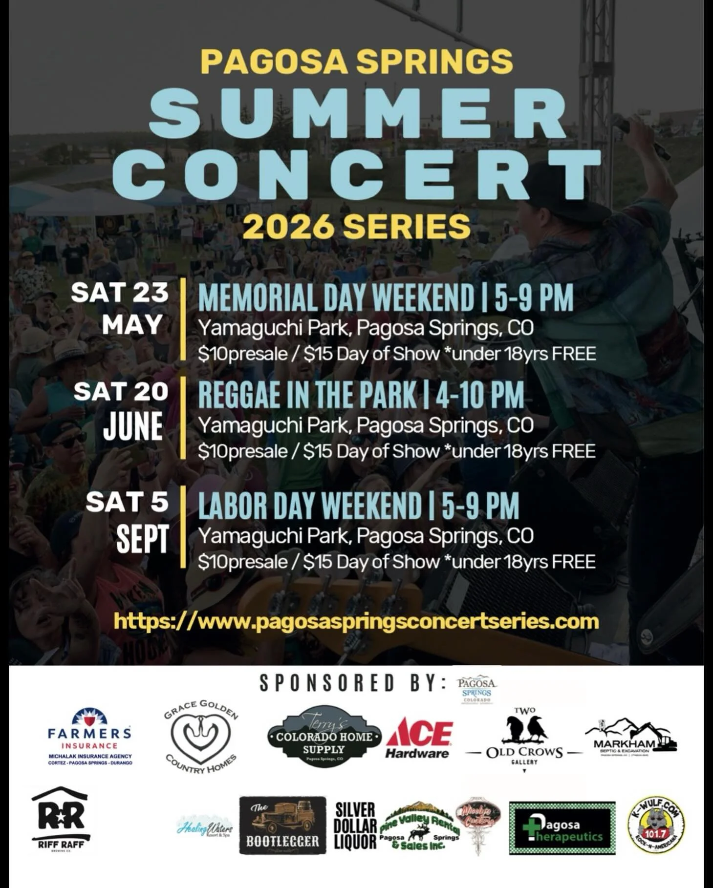 THANK YOU TO ALL OUR AMAZING SPONSORS!!!
🎵 CommUNITY support makes these events possible and we&rsquo;re so grateful for the local businesses and organizations that help create our scene 🙏 
@michalak_insurance @twooldcrows @visitpagosa @ggcountryho