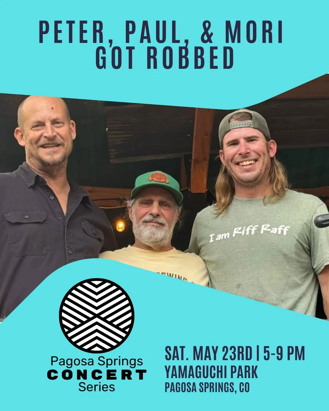Peter, Paul, &amp; Mori Got Robbed are bringing the local energy to start the night. Don&rsquo;t miss them live at Yamaguchi Park Saturday Night!

#pagosaspringsconcertseries #livemusic #concertinthepark #pagosasprings