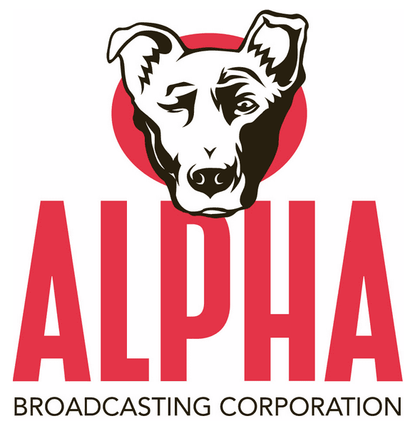 Logo of Alpha Broadcasting Corporation featuring a stylized dog's face above the word 'ALPHA' in bold red letters.