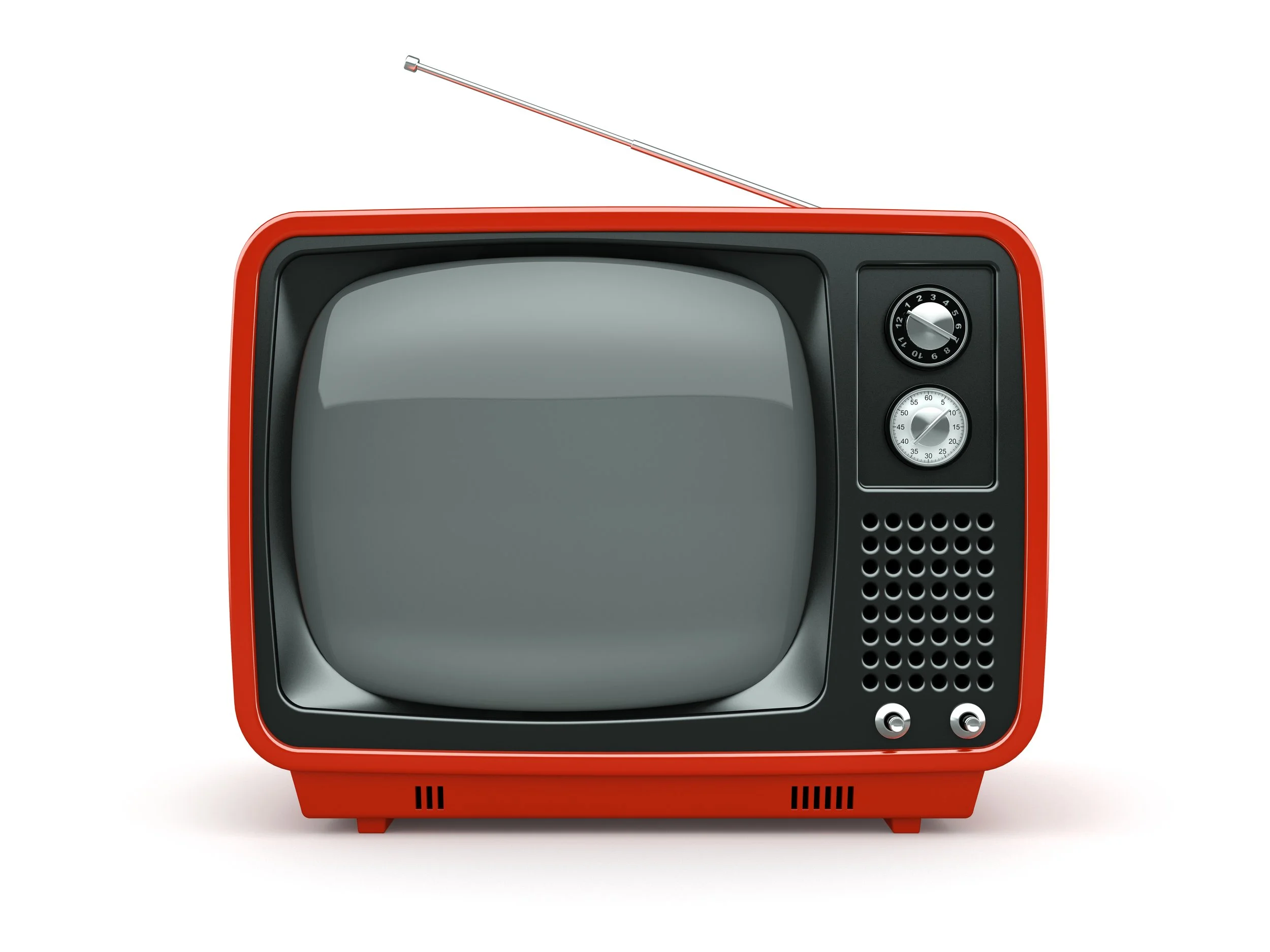 Vintage red television with antenna, front view.